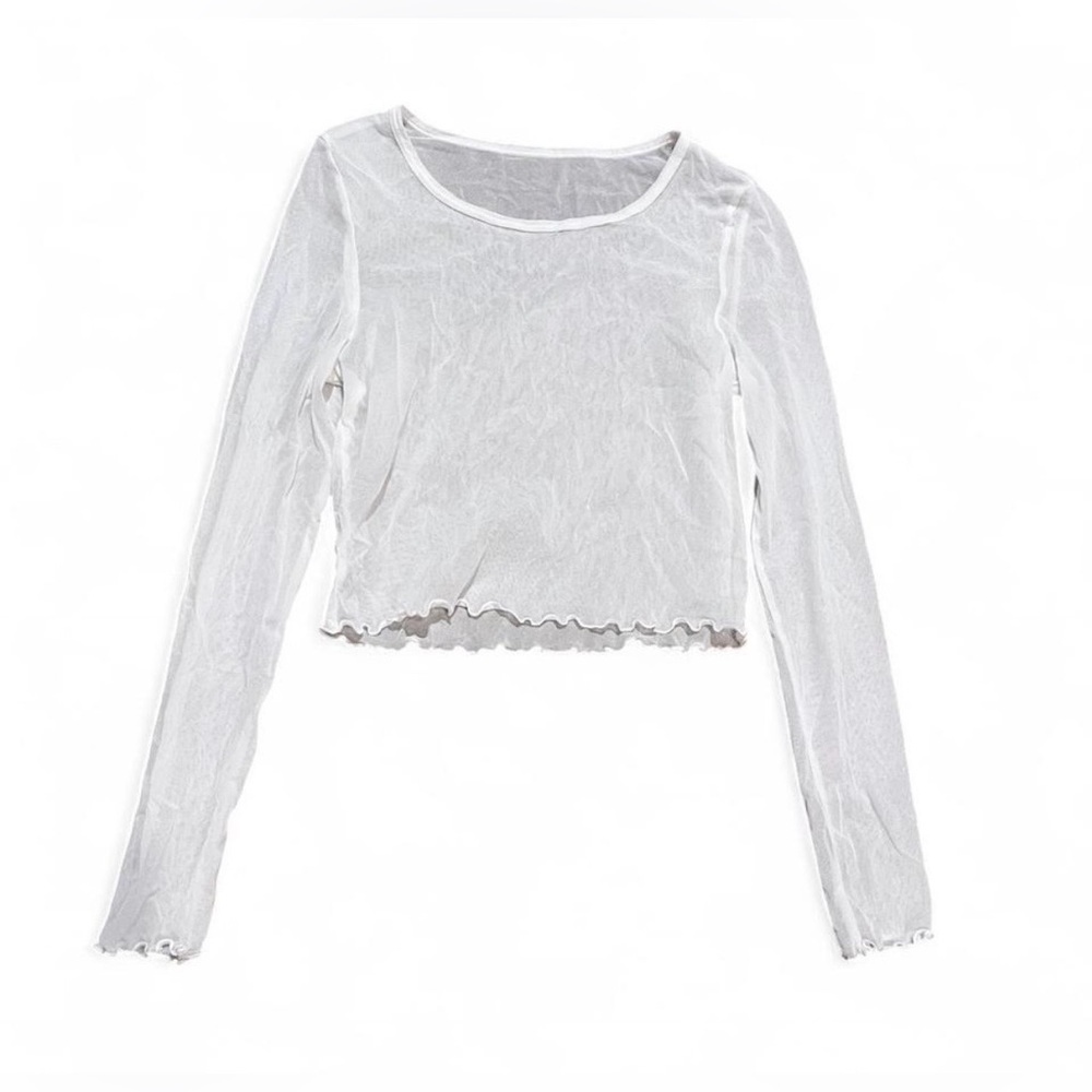 Women’s Sheer Layering Ruffled Feminine Cropped White Long Sleeve Top - Picture 1 of 5